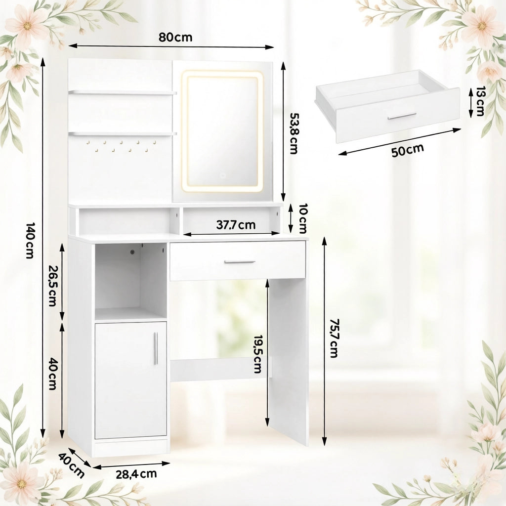 Tavolo da toeletta con specchio LED a 3 luci, cassetto, ripiani e vani, moderno, per camera, bianco, 80 × 40 × 140 cm