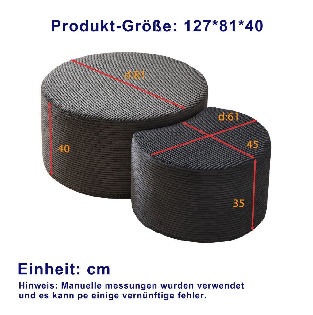 Set di 2 tavolini rotondi imbottiti in tessuto nero, utilizzabili come pouf