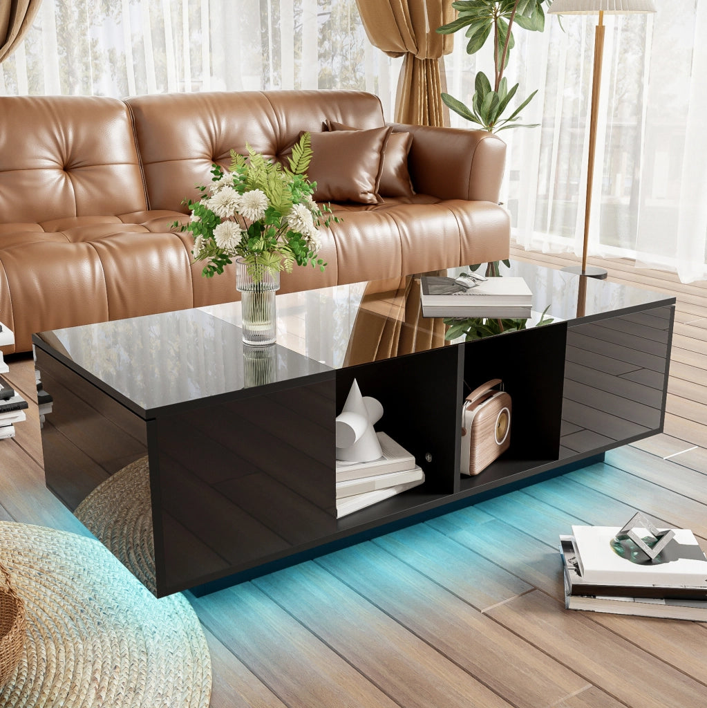 Tavolino da caffè moderno nero 120 x 50 x 38;5 cm con LED; vetro e vani laterali