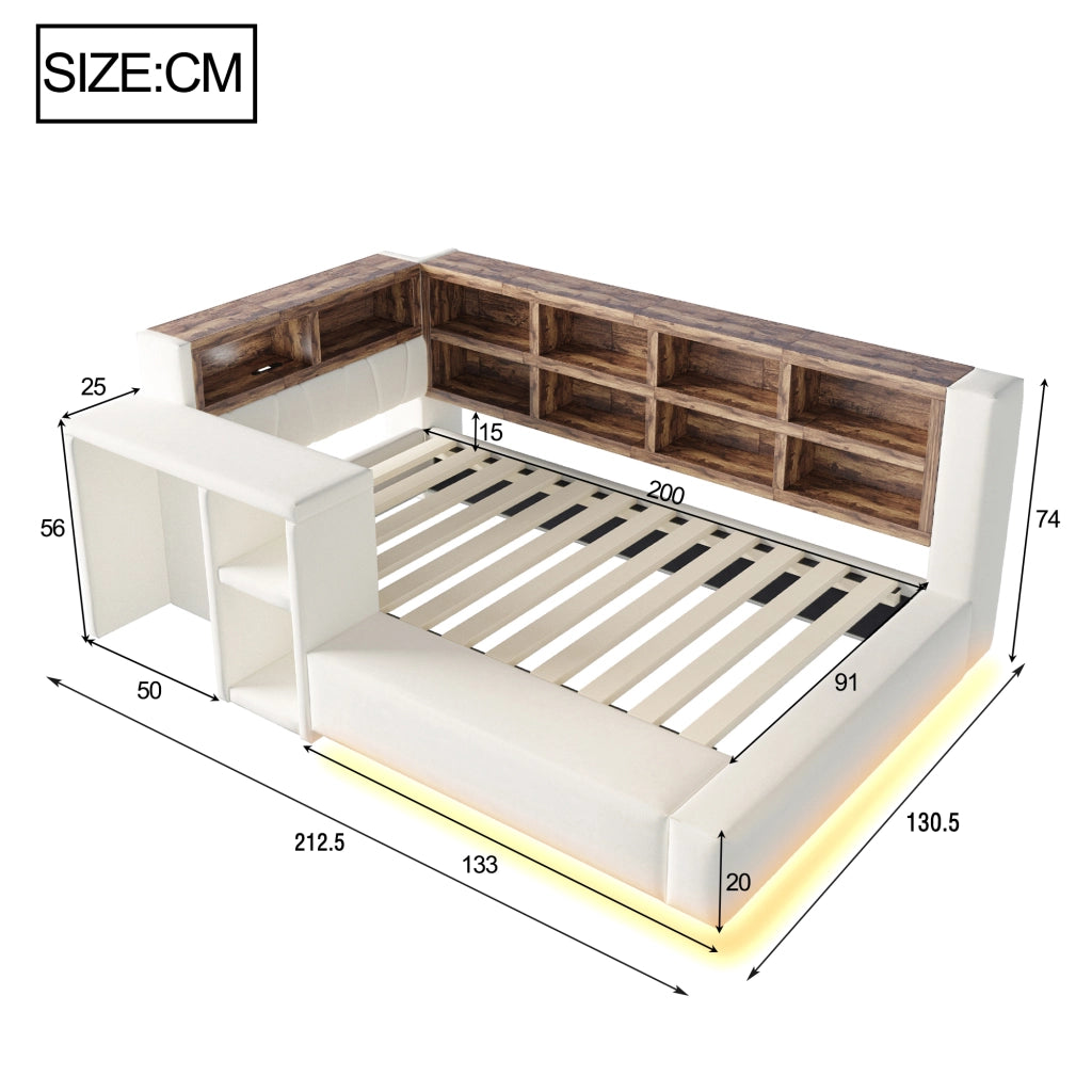 Letto imbottito 90 x 200 cm con LED; prese integrate e vani portaoggetti; beige