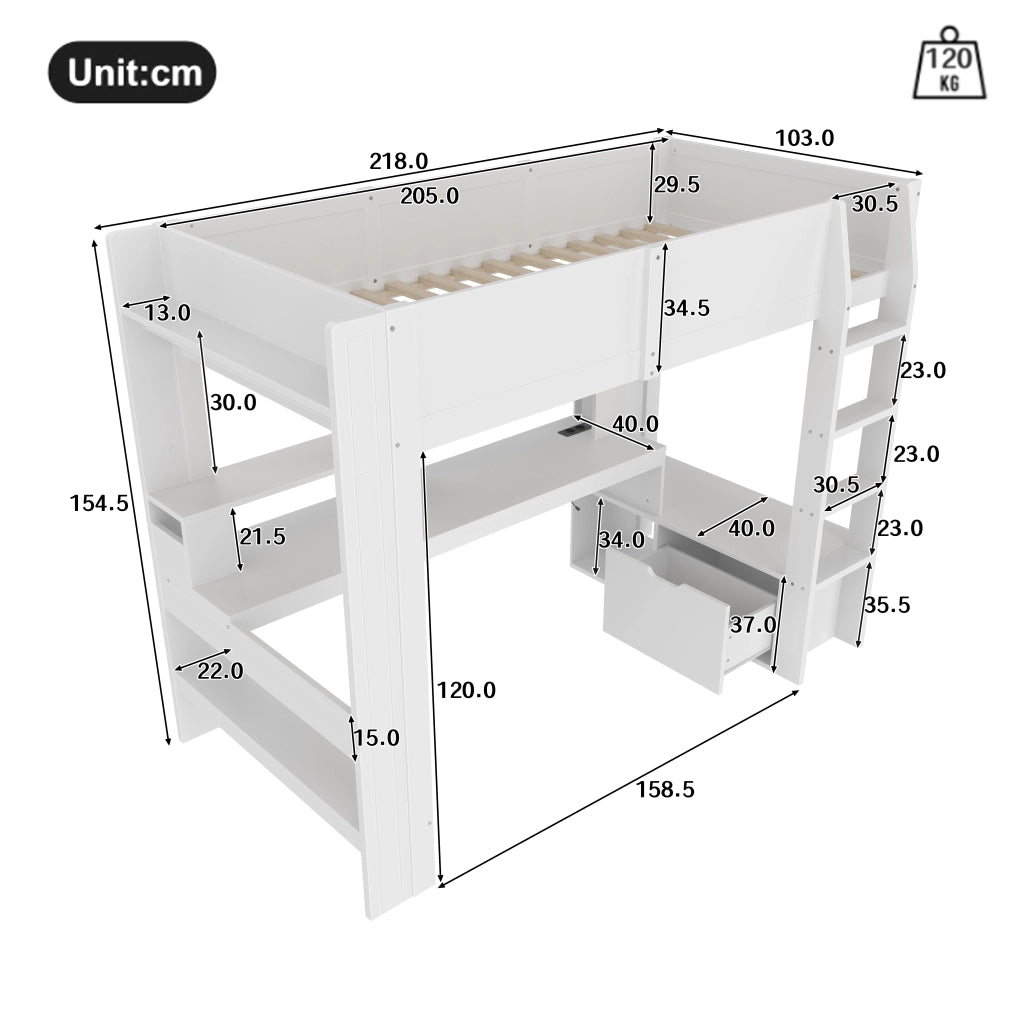 Letto a soppalco 90x200 cm con scrivania integrata; luci LED e scaffali; bianco