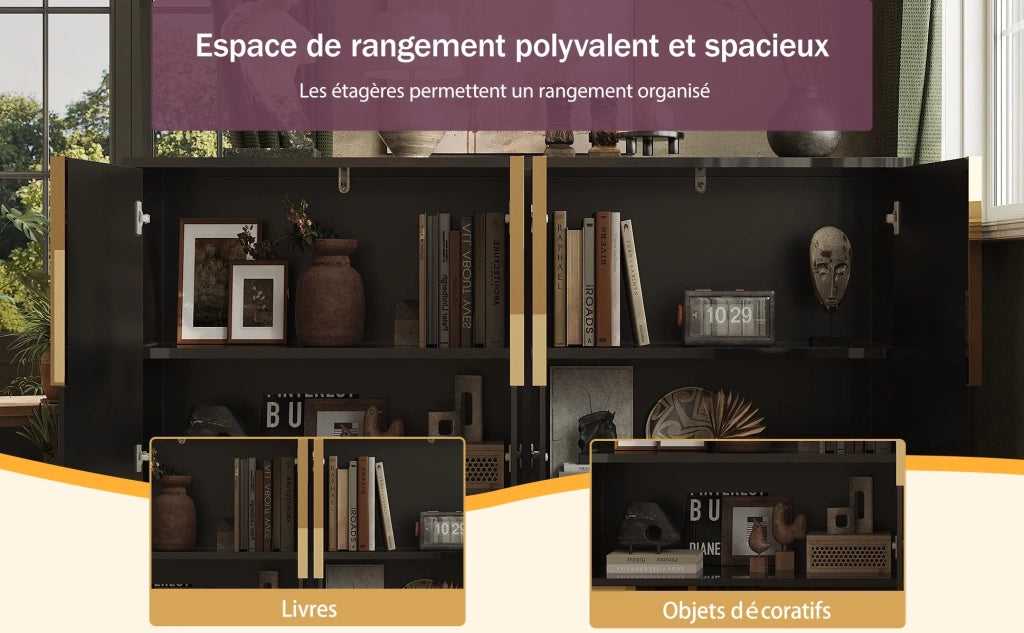 Sideboard nero 152x40x75 cm, design geometrico, maniglie e piedi dorati