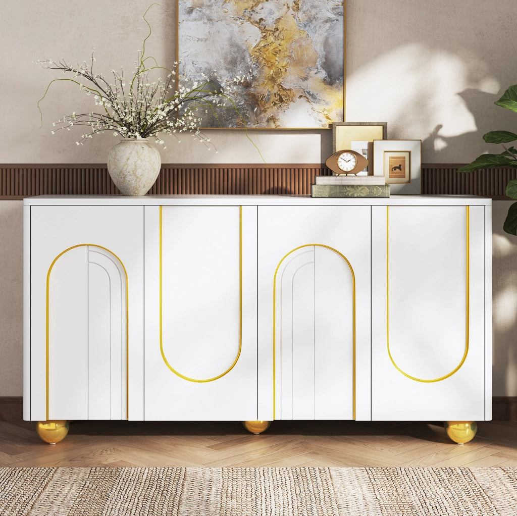Sideboard bianco 4 ante con decoro dorato, 140x40x74 cm
