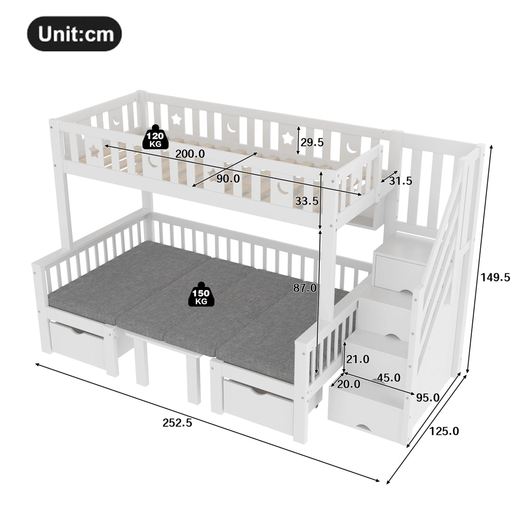 Letto a Soppalco 90x200 cm in Legno di Pino con Scrivania; Scaffali; Sponde di Sicurezza; Scala; Bianco