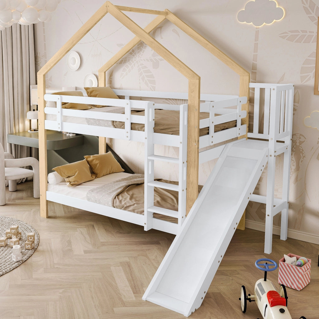 Letto a castello a casetta 90x200 cm con scivolo, scala e protezioni