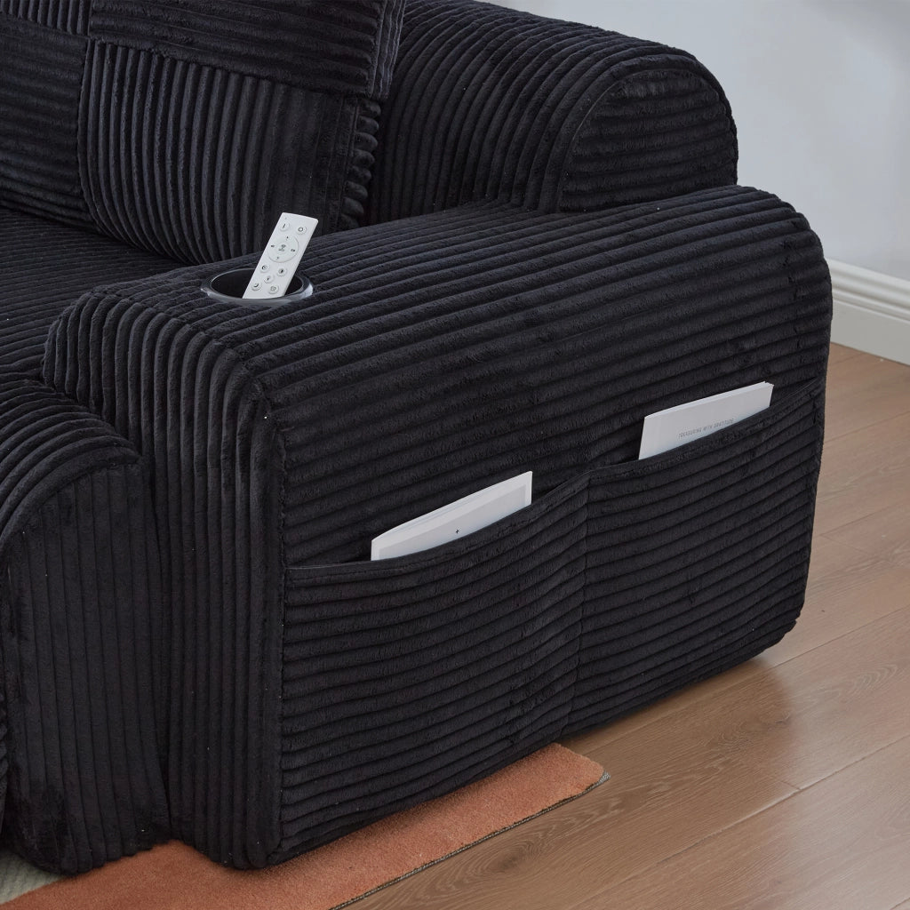 Divano modulare a 2 posti in velluto a coste nero con portabicchieri integrato e tasca laterale 200 × 99 × 80 cm