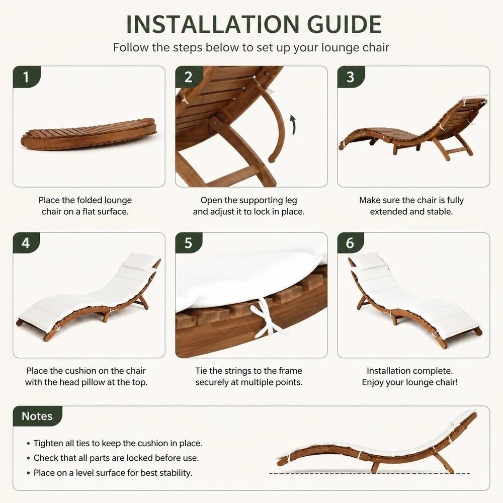 Sun Lounger With Cushion, Solid Acacia Wood, Cream