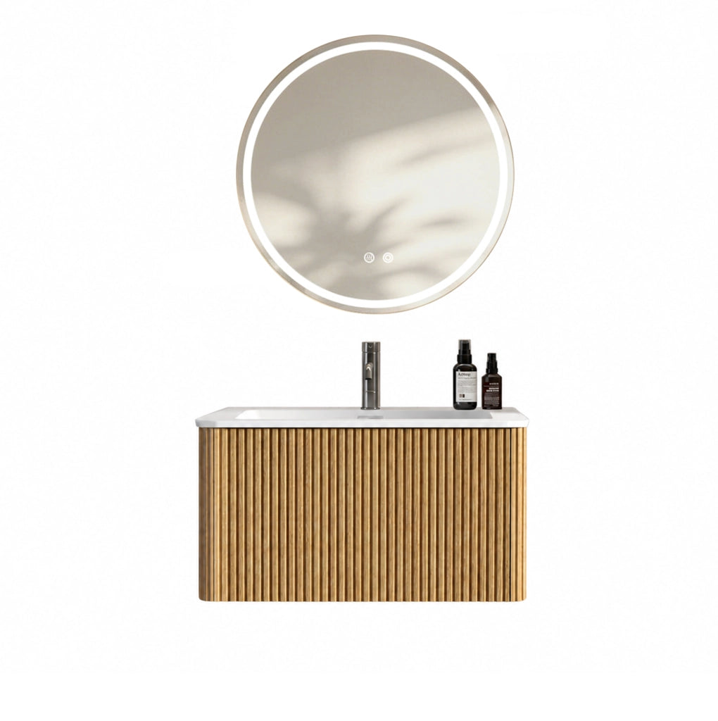 Set Mobile Bagno Sospeso con Specchio LED Rotondo 80 cm, Lavabo Integrato in Pietra Sintetica, Armadietto a Parete con Cassetto, Colore Rovere, 80 cm