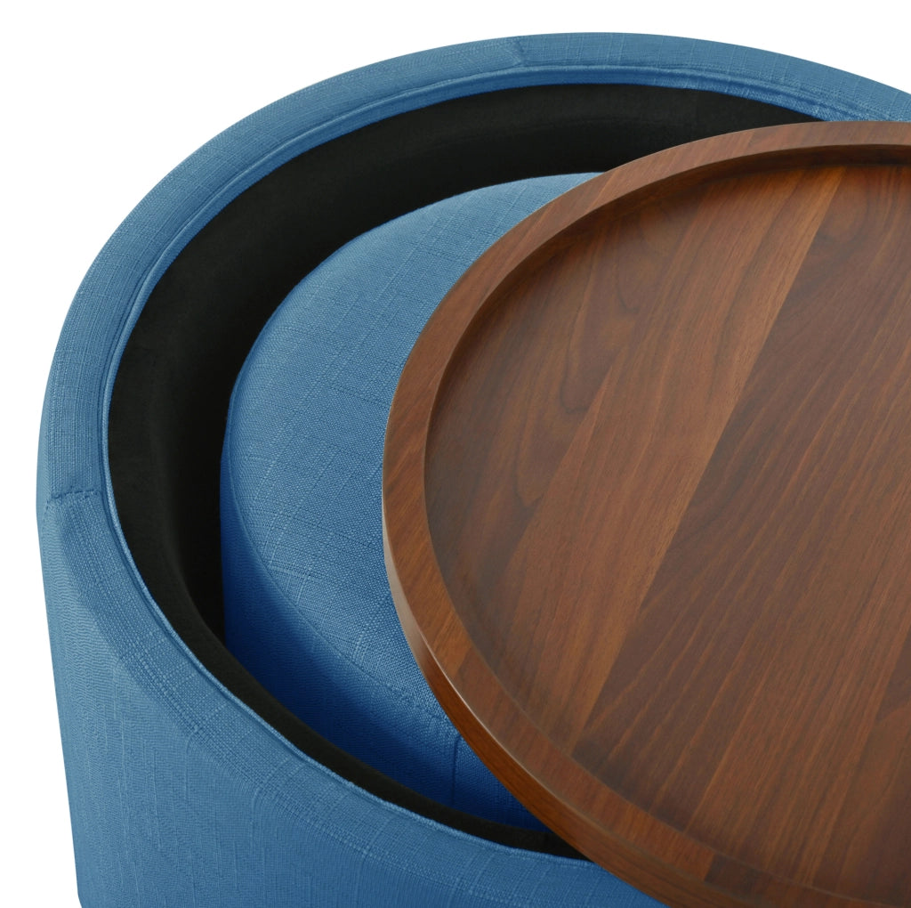 Set di 2 Pouf Nesting con Contenitore, Rivestimento in Lino e Ripiano in Legno, Tavolino Rotondo 58 cm, Blu