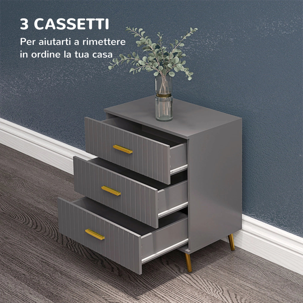 Cassettiera Moderna 3 Cassetti per Camera da Letto in Legno e Alluminio, Mobile Salvaspazio e Robusto, Oro e Grigio Scuro, 60x40x71.5 cm