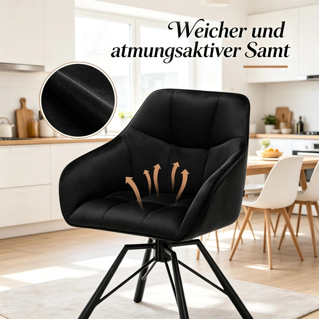 Sedia da pranzo girevole a 360° imbottita con braccioli in velluto nero e metallo 58.5 × 82.5 × 54.5 cm