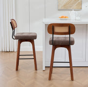 Set di 2 sgabelli da bar girevoli a 360°, con schienale in rattan e seduta imbottita in chenille, stile Mid-Century, colore marrone