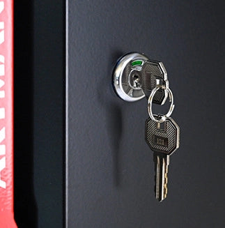 Carrello porta attrezzi multifunzione a due ante in acciaio nero e rosso con ruote e serratura