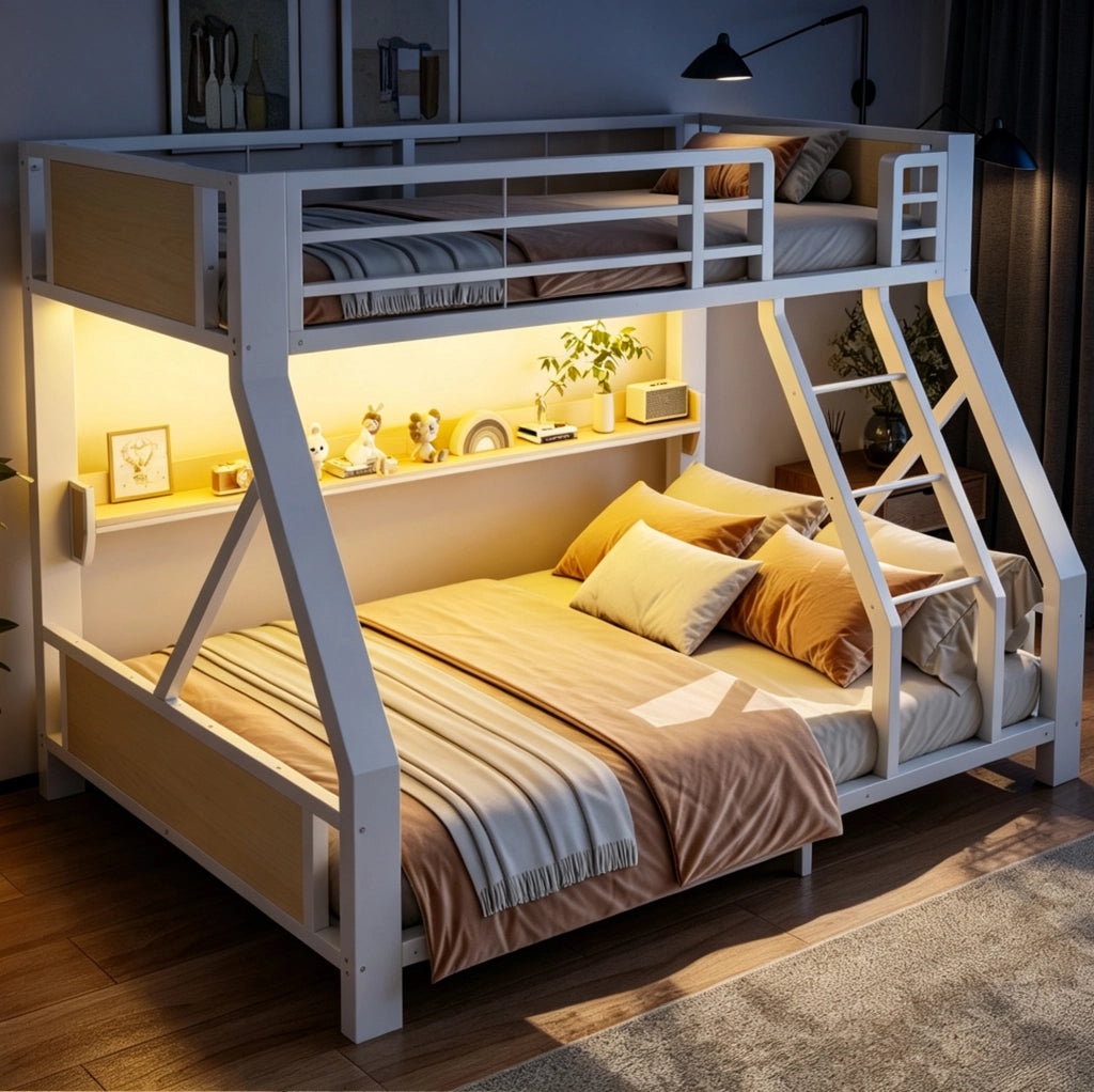 Letto a Castello in Metallo e Legno con LED e Ripiano 90 x 200/140 x 200 cm Bianco - Senza Materasso