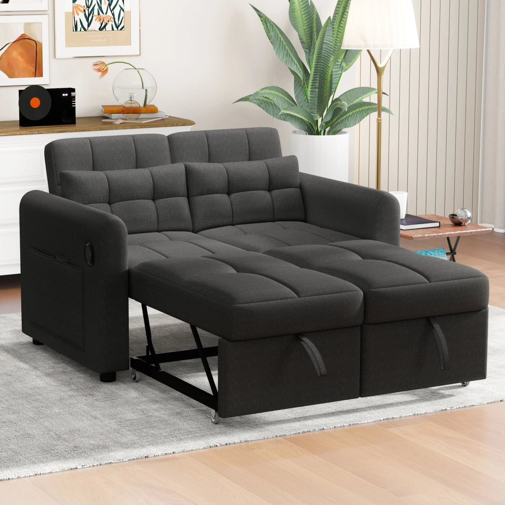 Divano letto 3 in 1 a 2 posti 142 cm con schienale reclinabile e porte USB integrate; tessuto effetto lino; grigio