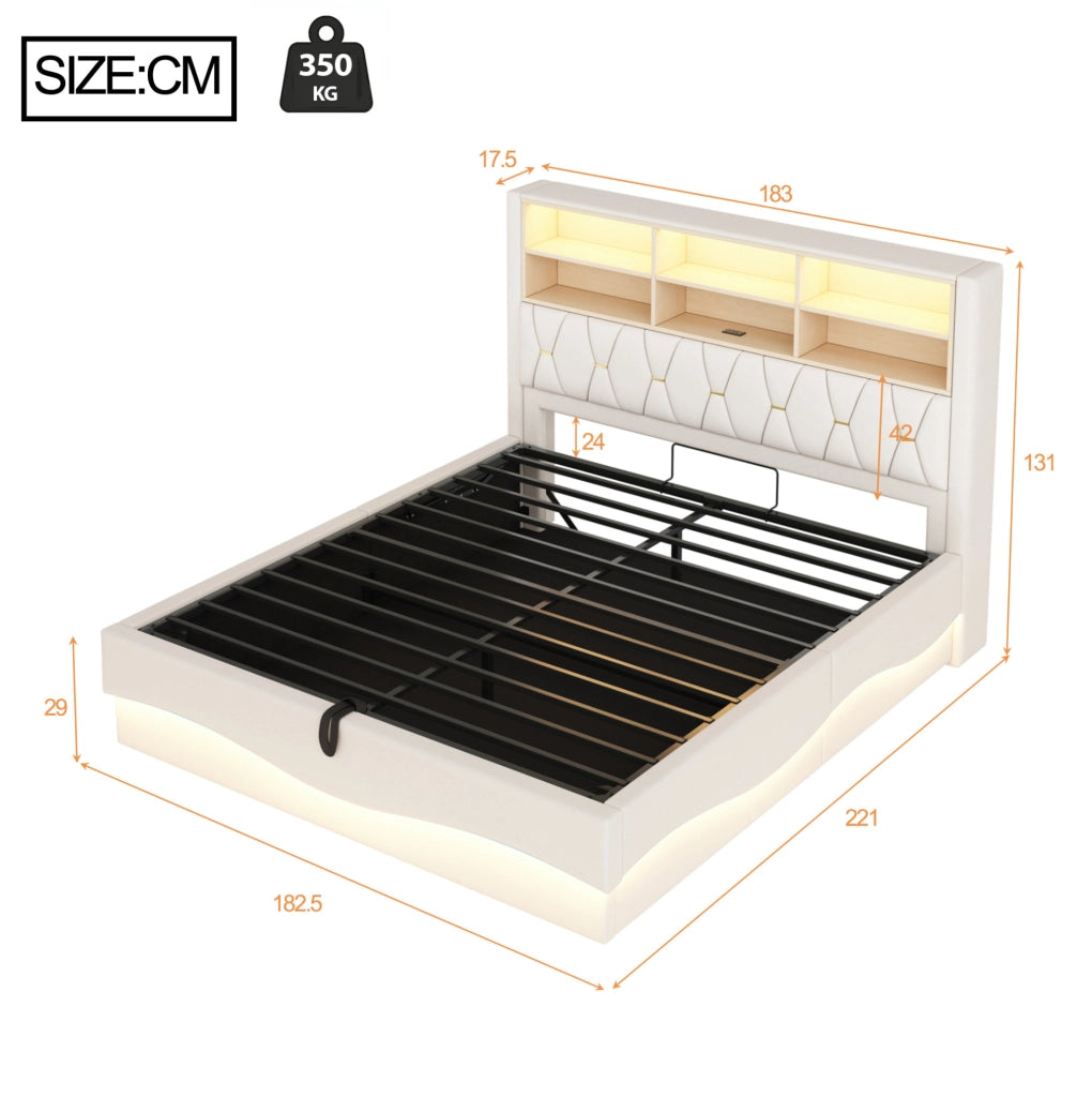Letto imbottito 180x200 cm con contenitore idraulico, LED e USB in lino beige