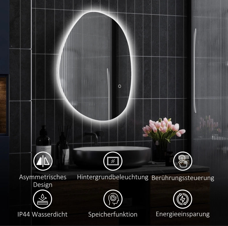 Specchio bagno asimmetrico LED con antiappannamento, argento