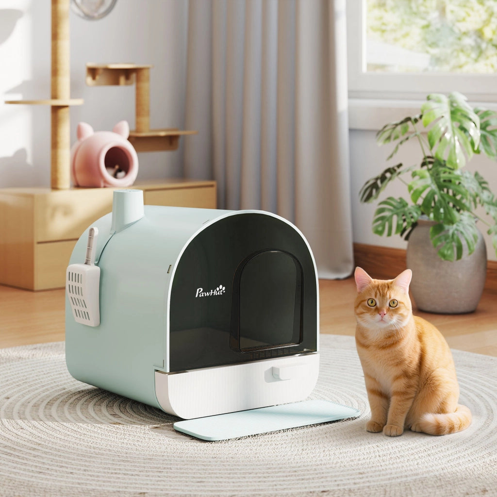 Lettiera per Gatti Chiusa in PP 43x44x47cm Verde, Toilette per Gatti con Vassoio Estraibile Paletta e Filtro, Facile da Pulire