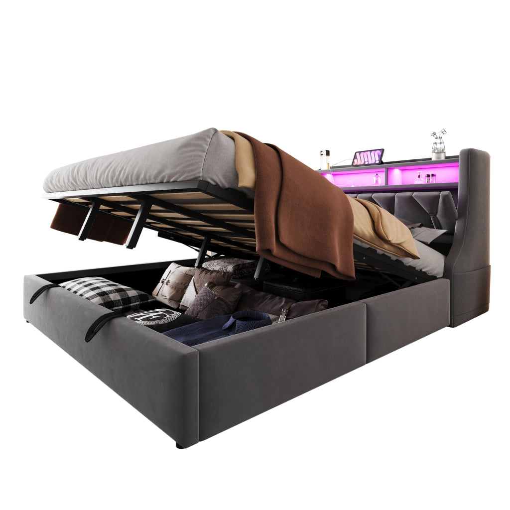 Letto contenitore 180 × 200 cm matrimoniale con prese; USB; Type-C; LED e mensole; senza materasso; velluto grigio