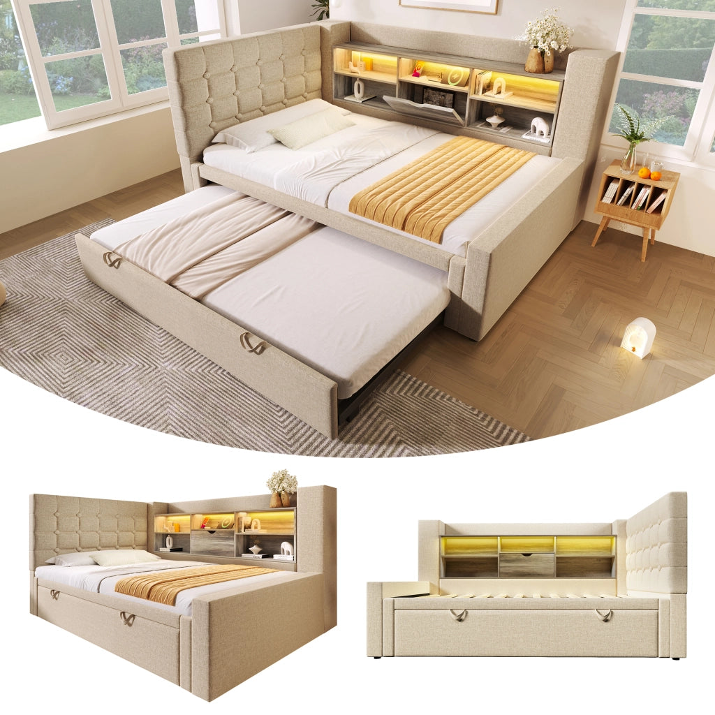 Letto 90 x 200 cm con letto estraibile 90 x 190 cm e LED, letto imbottito per bambini in lino beige, materasso non incluso