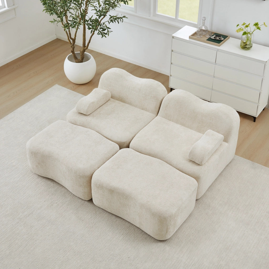 Divano modulare 2 posti con 2 pouf, schiuma ad alta densità 32D, rivestimento in velluto beige, ideale per soggiorno e appartamenti