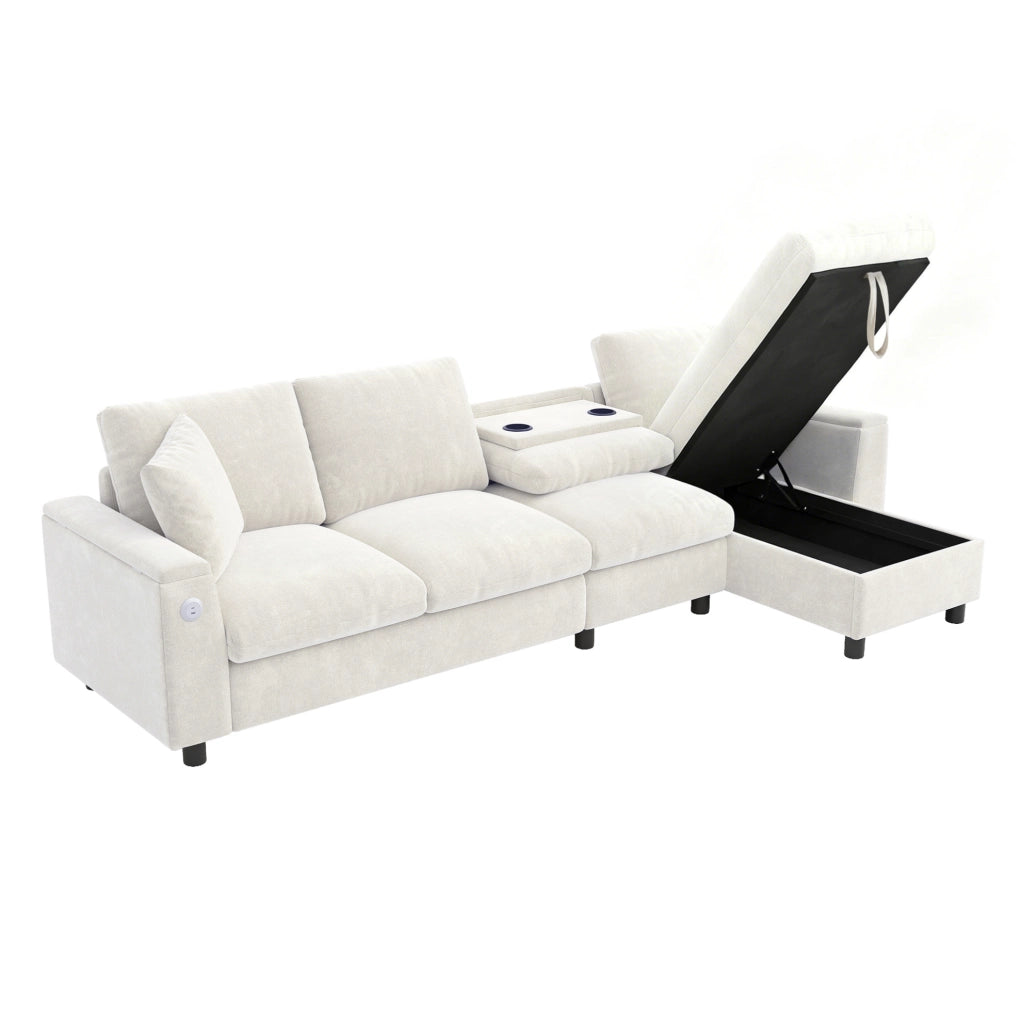 Divano letto angolare reversibile in ciniglia beige con tavolino; USB e Type-C