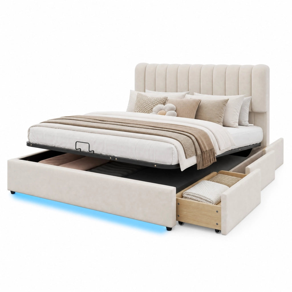 Letto per bambini imbottito 140 × 200 cm con vano contenitore idraulico 3 cassetti velluto beige LED