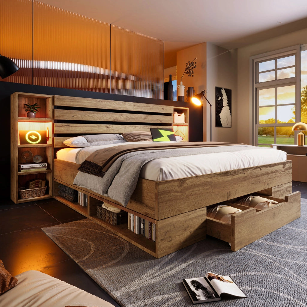 Letto con cassetti 160 × 200 cm con testiera LED USB e Type-C ripiani aperti struttura in metallo e MDF rovere