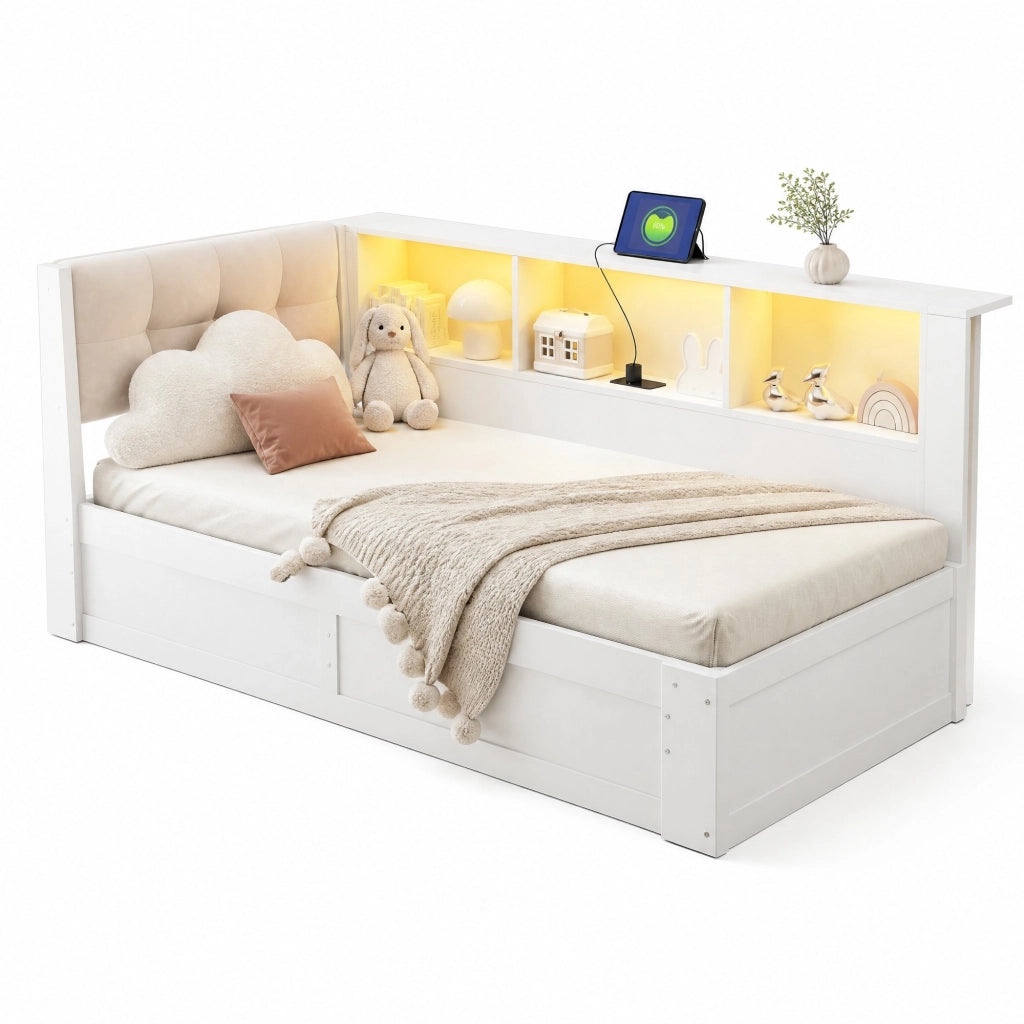 Letto singolo 90 × 200 cm con contenitore idraulico; LED regolabile; ripiano e USB; senza materasso; bianco