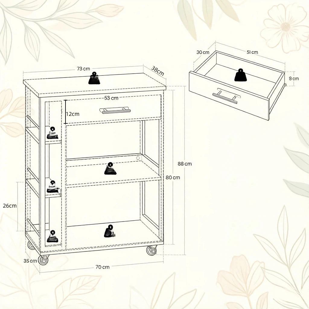 Carrello da cucina con cassetto; ripiani aperti e 4 ruote con freno in MDF bianco effetto legno