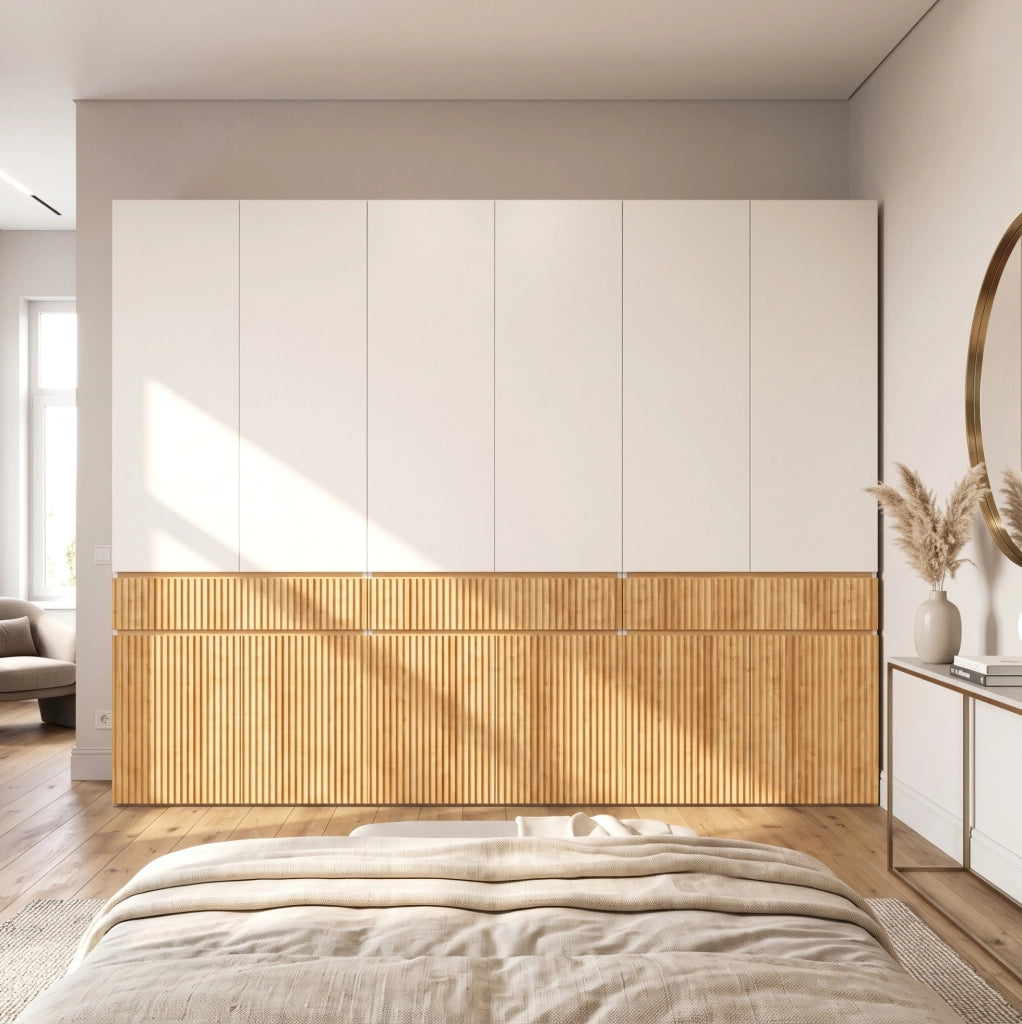 Armadio con ante battenti 270x50x200 cm, 12 porte, 3 appendiabiti e 3 cassetti, finitura quercia chiara