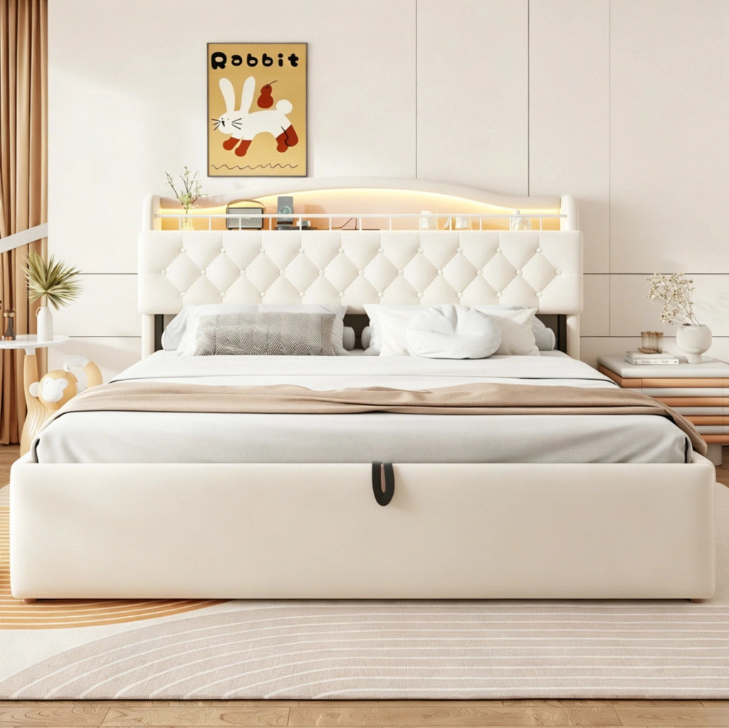 Letto imbottito 180x200 cm con contenitore idraulico e LED