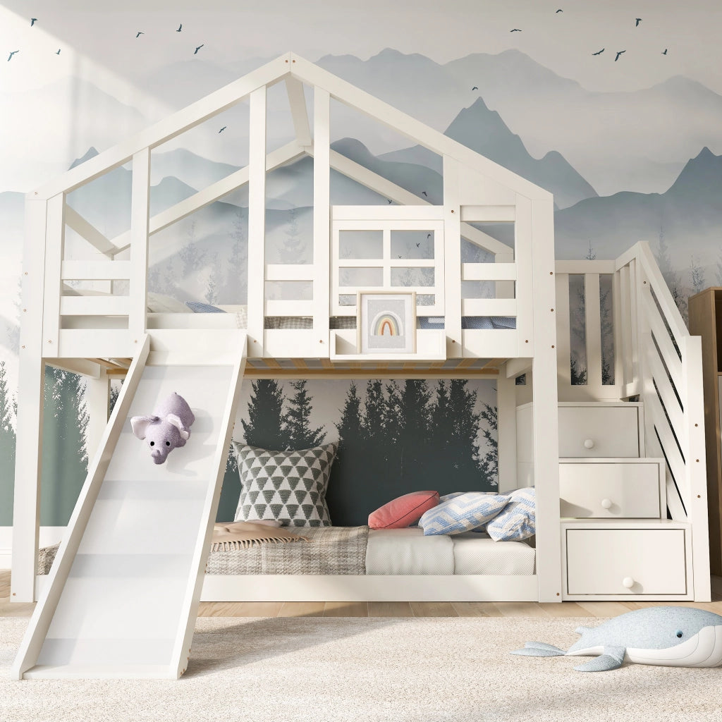 Letto a castello 90x200 cm bianco con profilo a casetta; scivolo; 2 reti