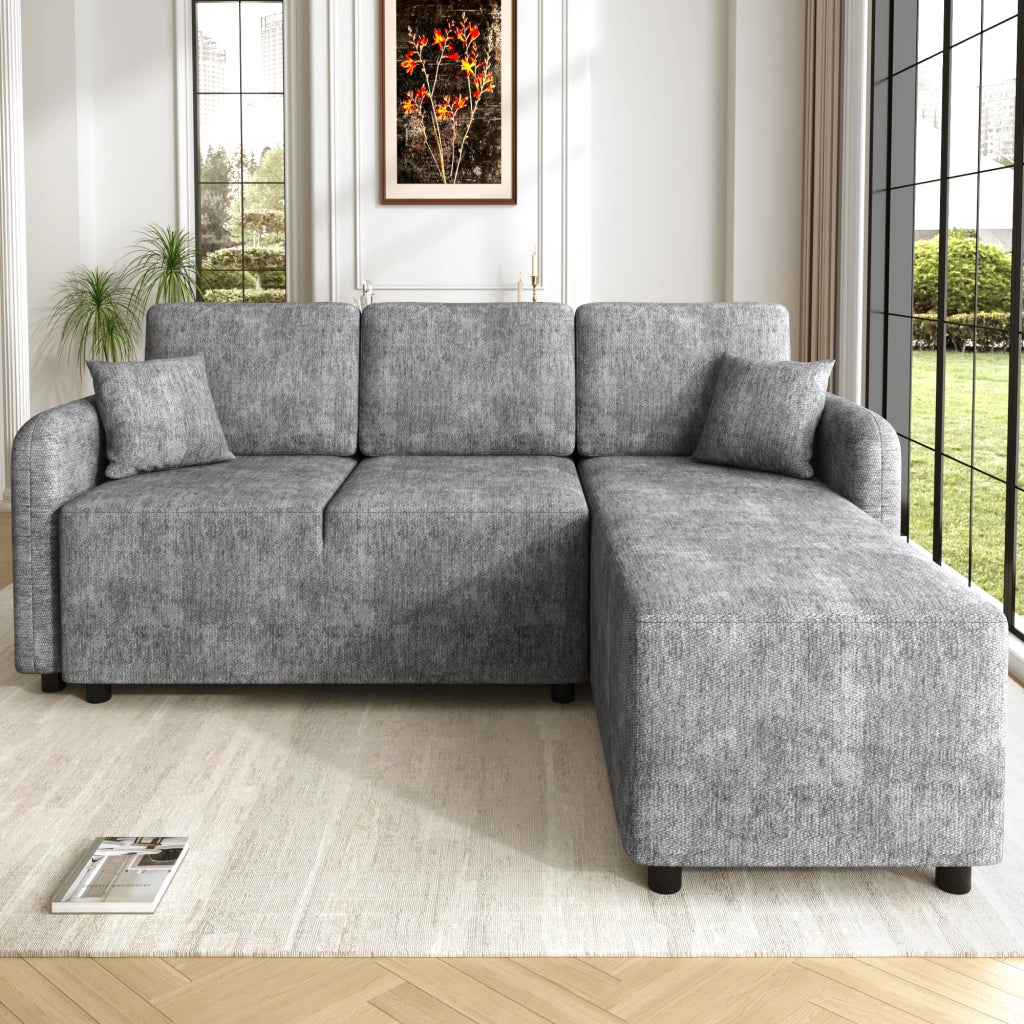 Divano angolare 3 posti - con area relax e 2 cuscini - in chenille grigio