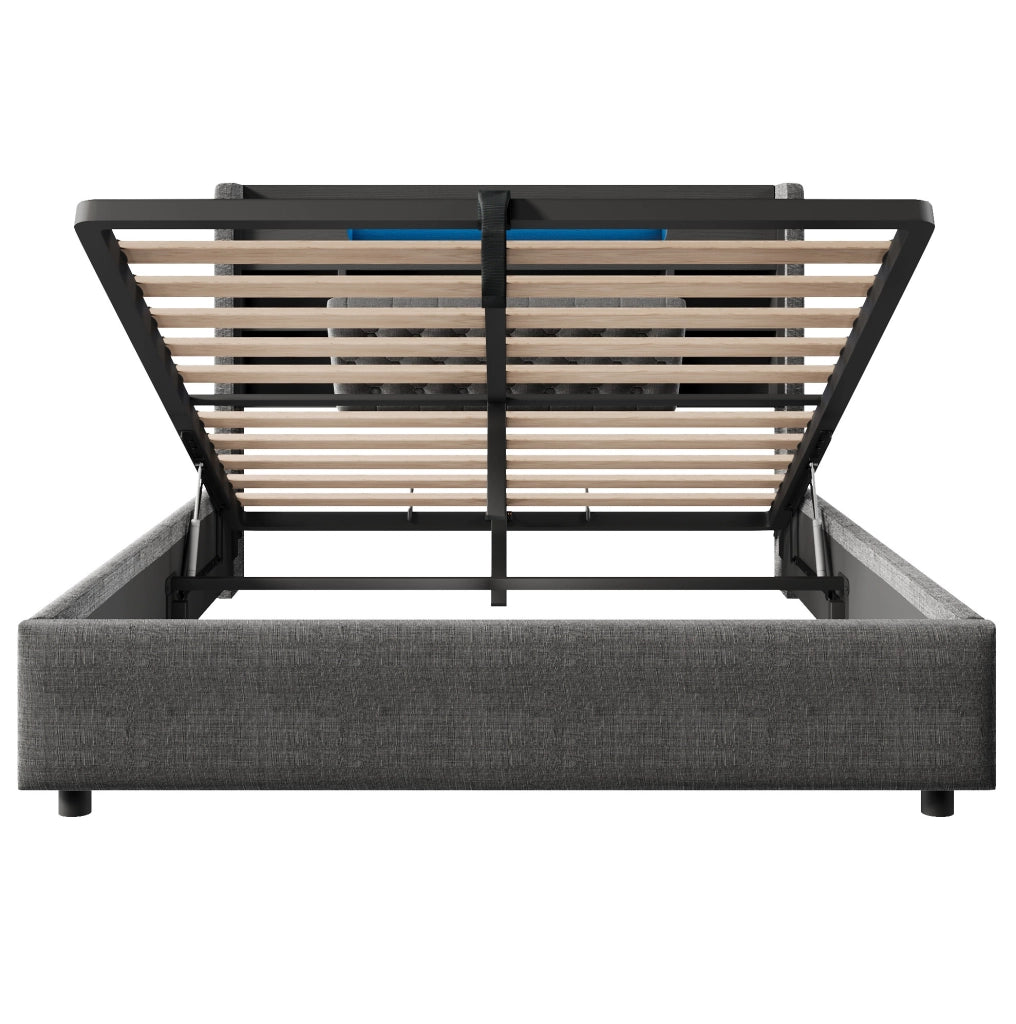 Letto matrimoniale 140x190 cm con contenitore idraulico; LED e ricarica USB/USB-C grigio HOMVRA