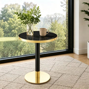 Tavolo da pranzo rotondo con base stabile e bordo dorato, piano effetto marmo nero in MDF e metallo, diametro 60 cm