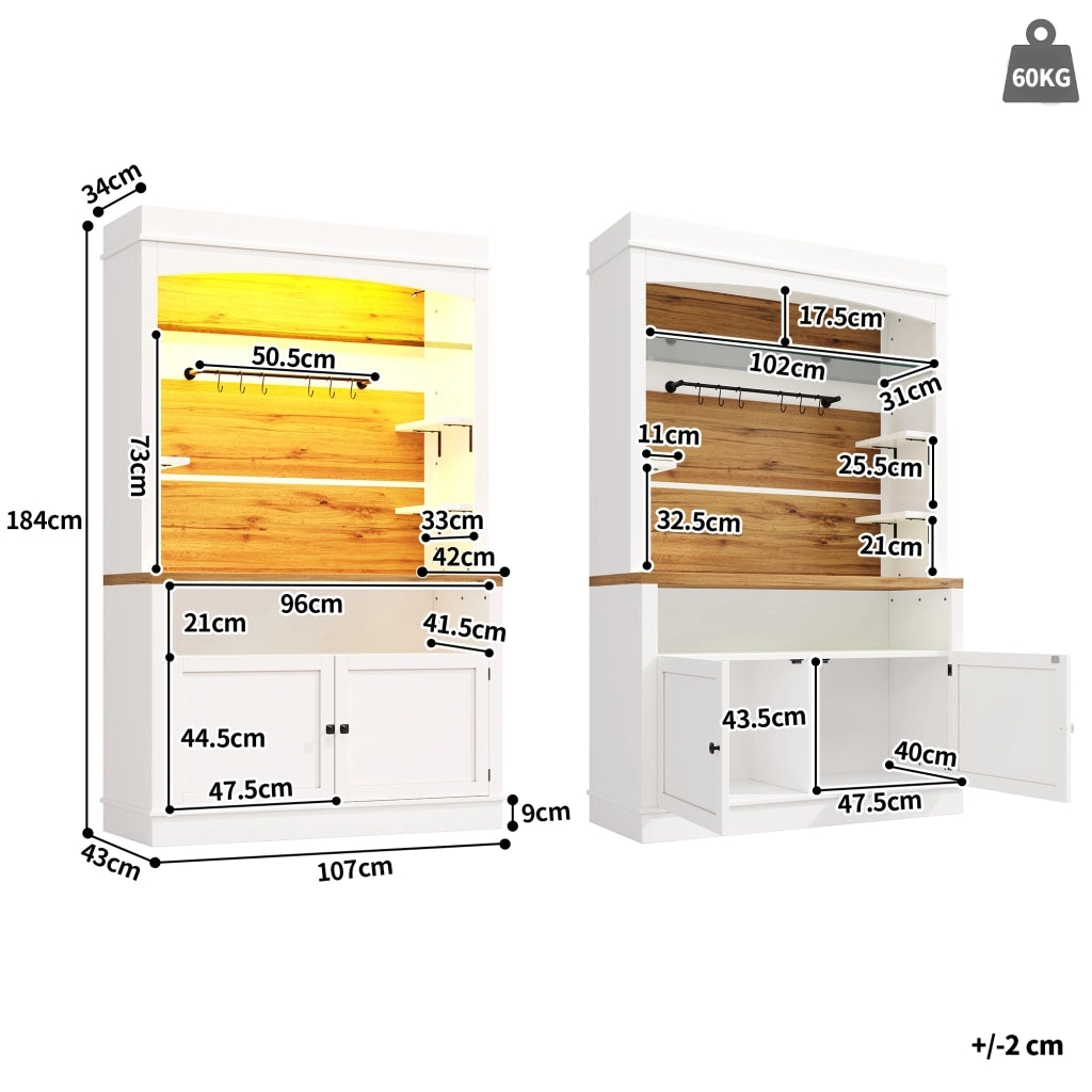 Credenze alte set di 2 con LED RGB via app; mensola in vetro e 6 ganci bianche 107 × 34 × 184 cm