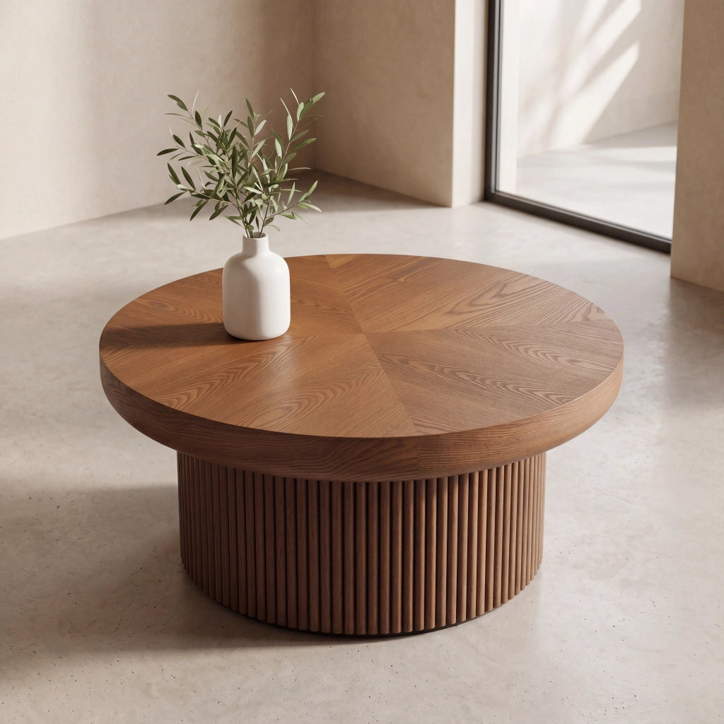 Desviae Tavolino basso rotondo con piano a motivo parquet in legno base cilindrica scanalata finitura noce 78 cm