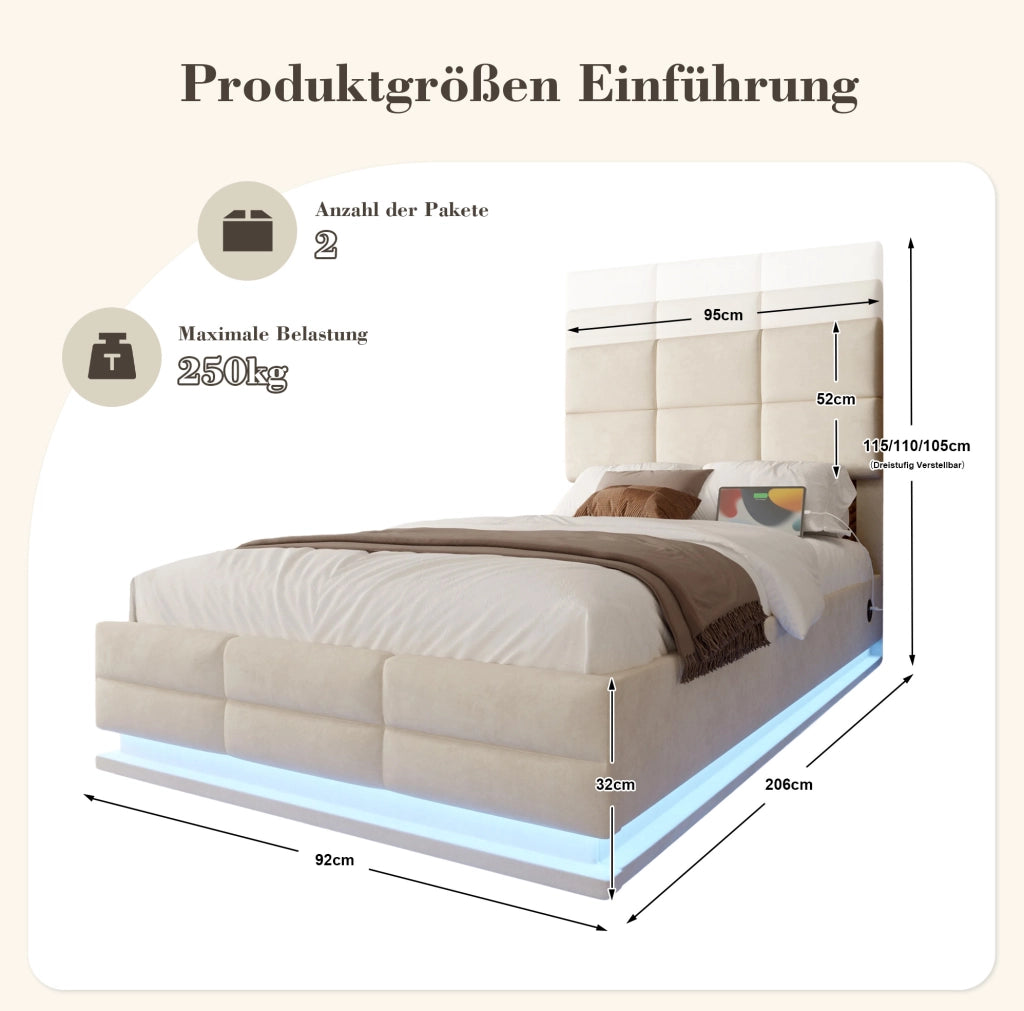 Letto matrimoniale 90x200 cm in velluto beige con LED; USB e contenitore
