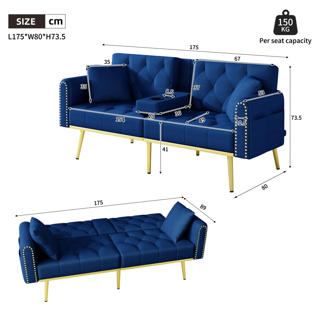 Divano letto 2-3 posti 175x80 cm con schienale regolabile in velluto blu