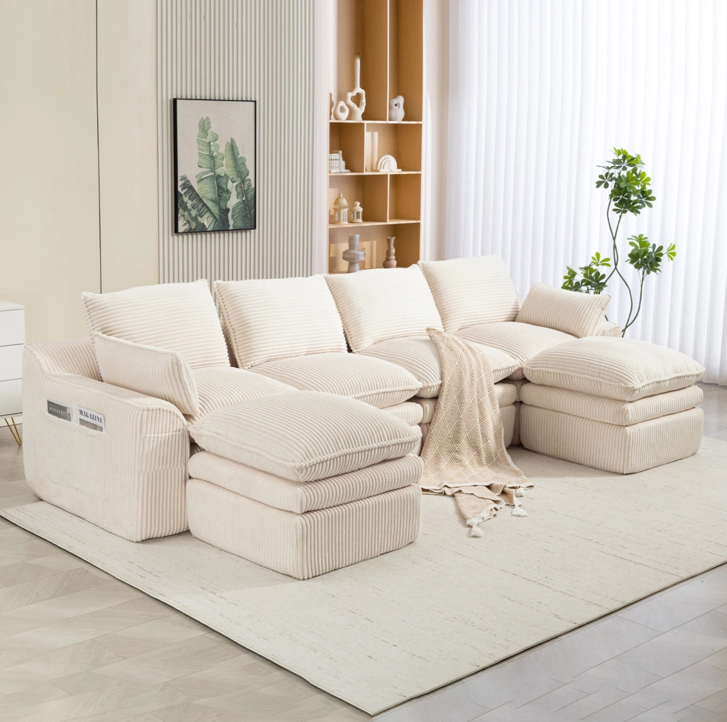 Divano modulare 335x167x85 cm in velluto a coste beige, 4 posti, salvaspazio