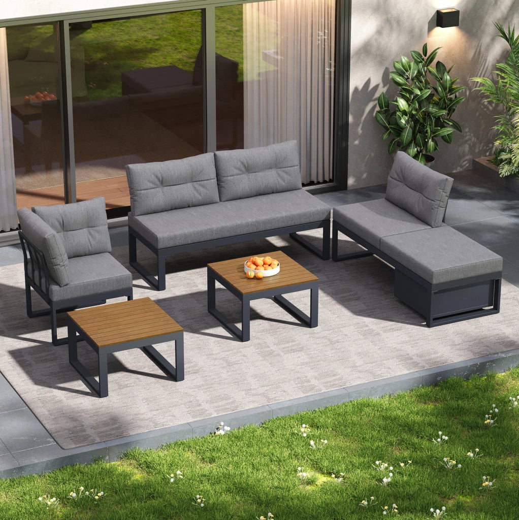 Set Salotto da Giardino Modulare con Schienale Regolabile a 3 Posizioni, Cuscini Spessi e Imbottiti, Tessuto Poliestere Resistente per Terrazza, Balcone e Giardino, Grigio Scuro