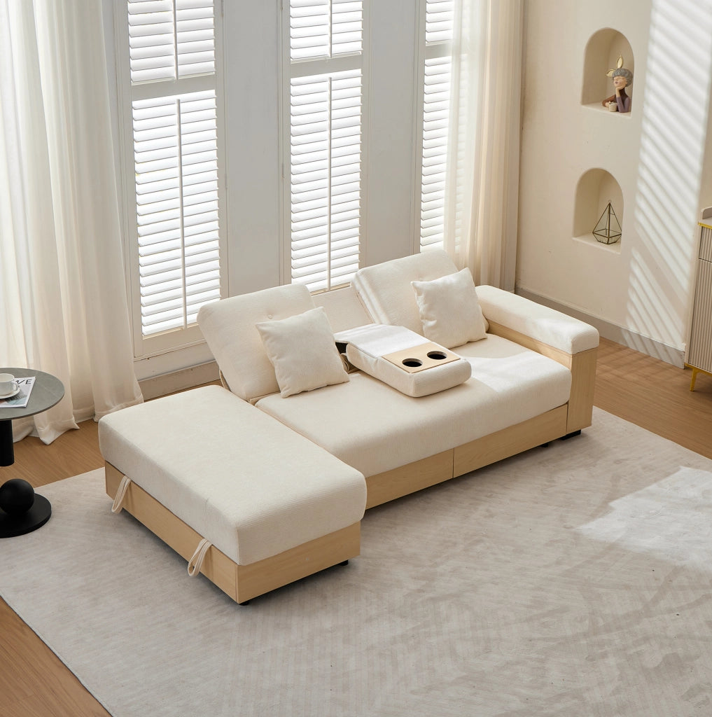 Divano letto 217x110x90 cm con contenitore e cassetti in chenille beige