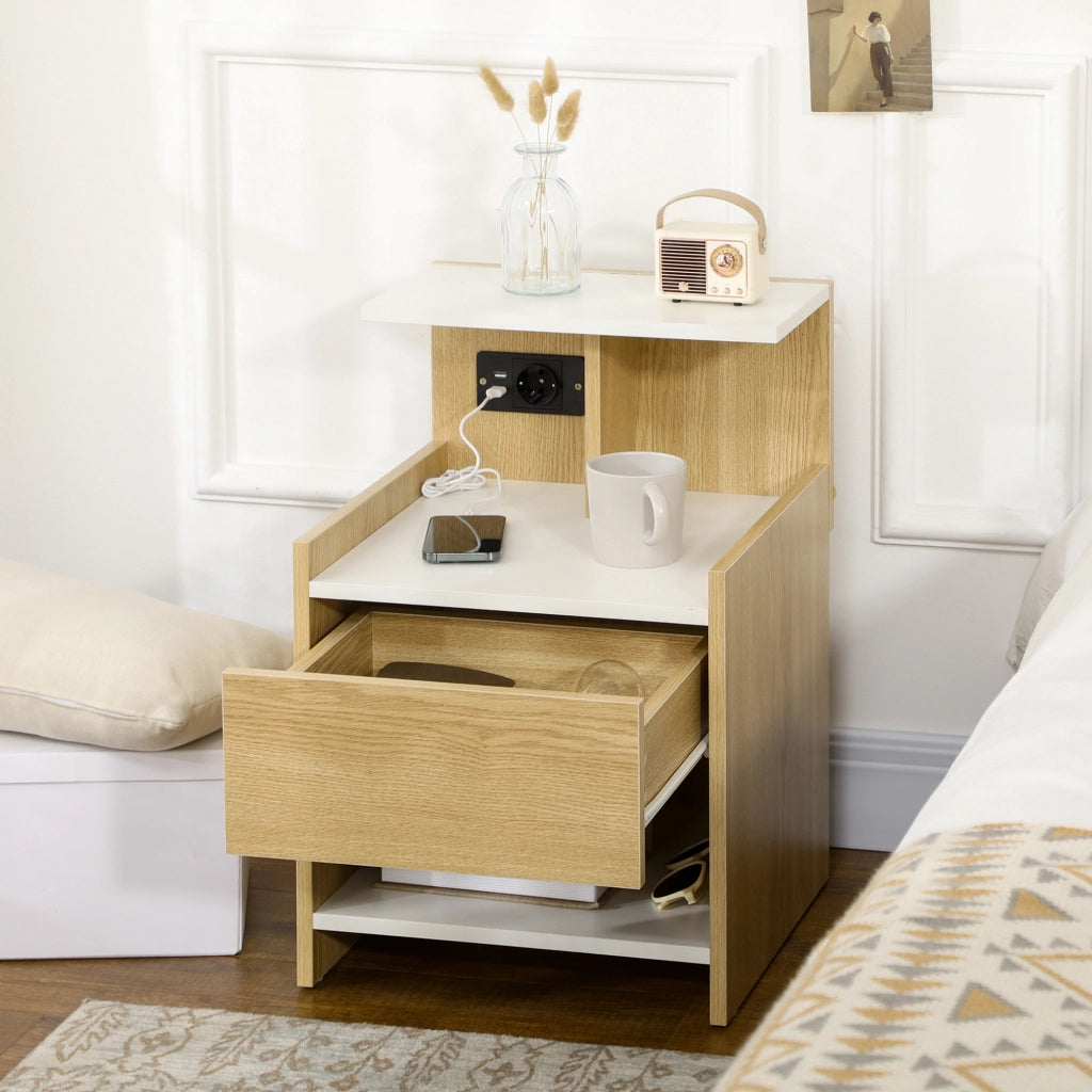 Comodino moderno con 2 prese USB e cassetto ¨C zephmum ¨C 40x40x60cm, colore legno