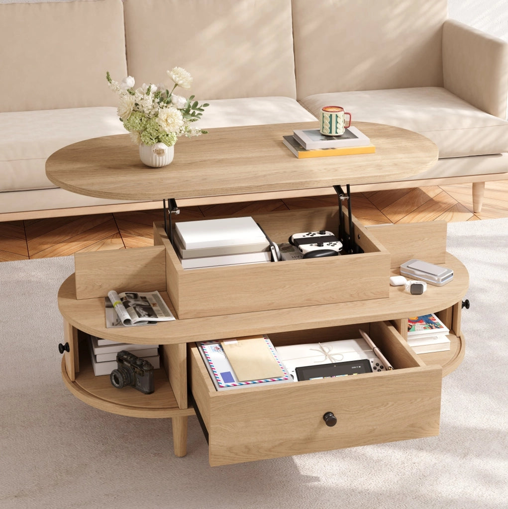 Tavolino da caff¨¨ ovale 105x50 cm con piano sollevabile in MDF naturale