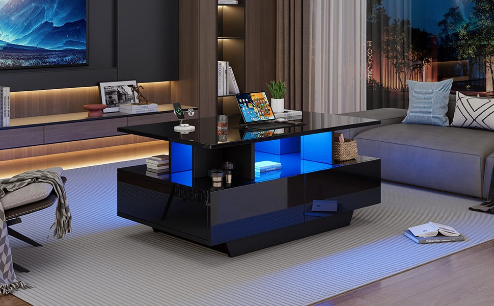 Tavolino moderno lucido 90x55x41 cm con illuminazione LED e 2 cassetti, portata 30 kg