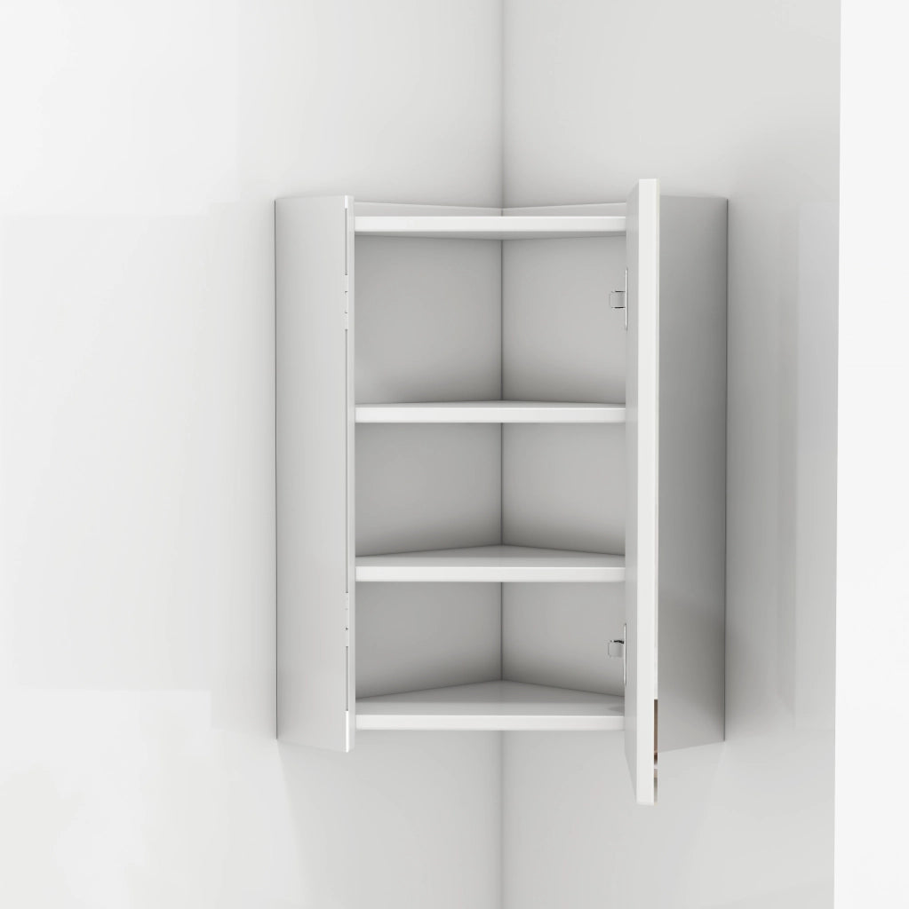 Mobile da bagno angolare da parete con specchi su tre lati, cerniere ammortizzate, ripiani integrati, bianco, pronto al montaggio