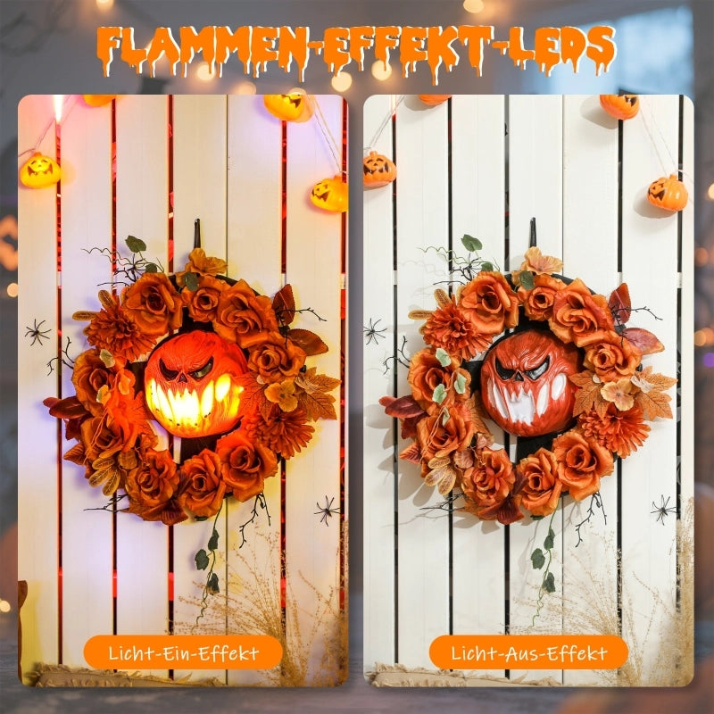 Ghirlanda Halloween da appendere con zucca, 44 LED arancione, 44 × 9 × 44 cm per porta e finestra