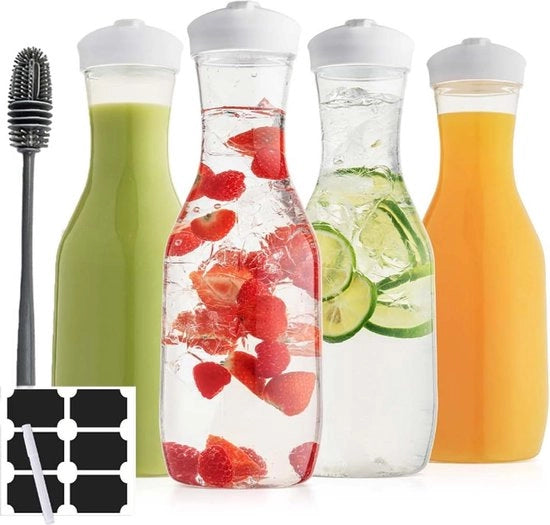 Karaf in plastica con coperchio 50 oz per bevande, latte, mimosa, attrezzatura bar, tè freddo, contenitori per succhi con coperchi per frigorifero BPA libero 4 pezzi (trasparente)