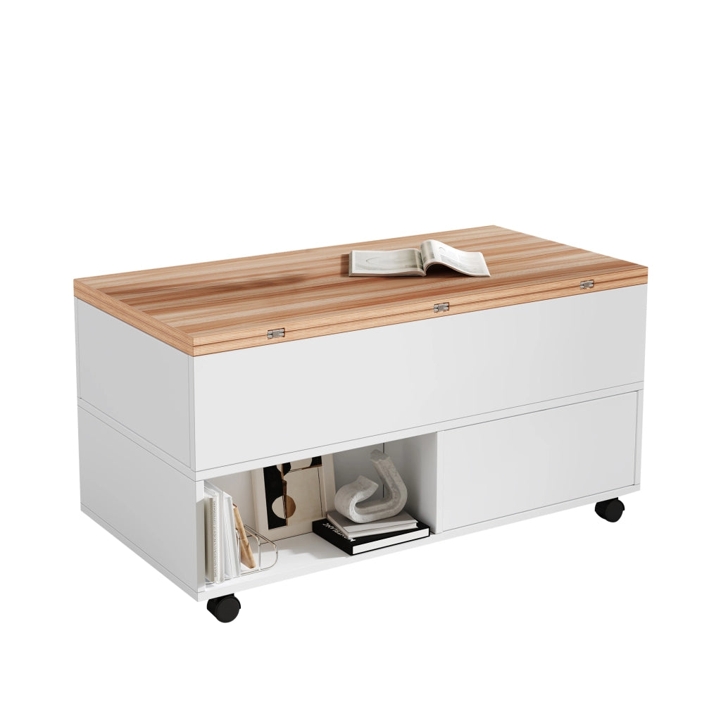 Tavolino da salotto elevabile e allungabile 100x50 cm con cassetti; bianco e rovere